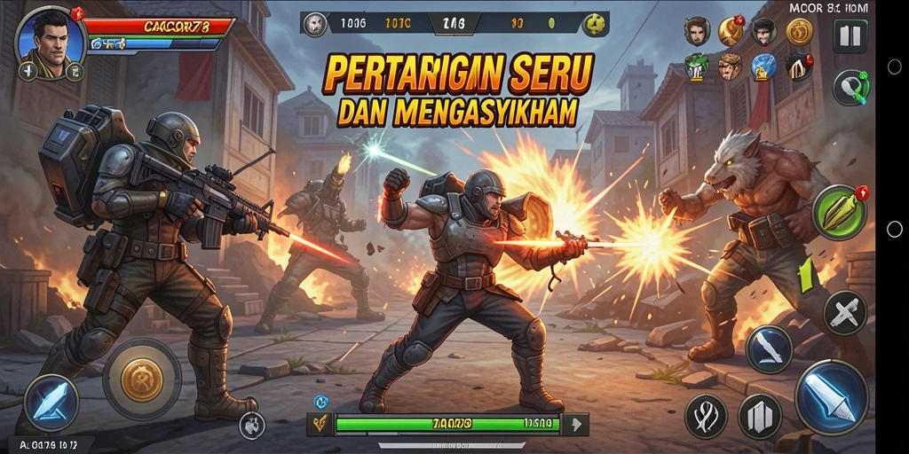 Tampilan gameplay CACOR78 yang menegangkan dan penuh aksi di arena pertarungan.