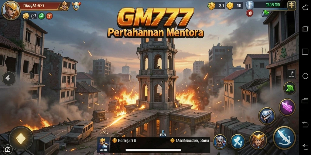 Tangkapan layar gameplay GM777 menampilkan serangan menara dalam Tower Defense.