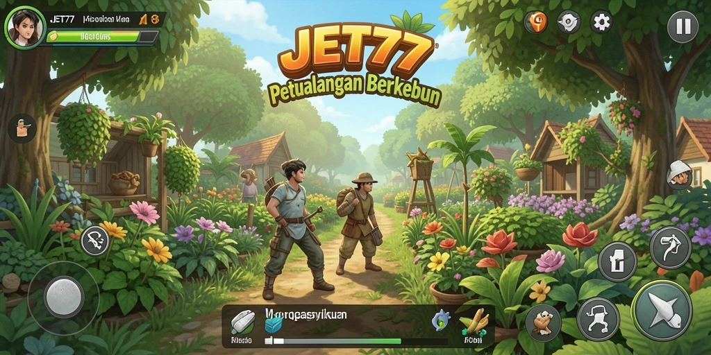 Tampilan gameplay menarik dari JET77 dengan ladang yang subur dan beragam tanaman.