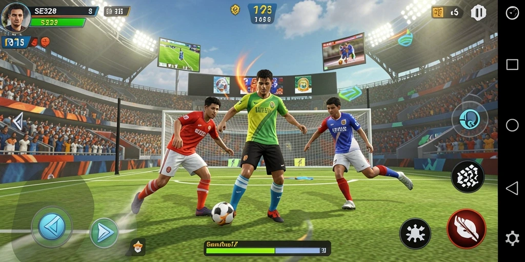 Screenshot utama dari game SE328 menampilkan aksi seru dalam pertandingan olahraga.